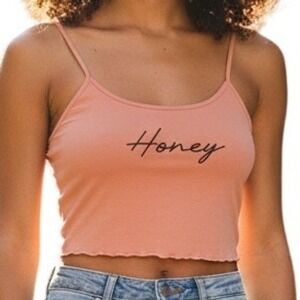 Peach Honey Graphic Crop Tank‎ Top Lettuce Hem Spaghetti Straps Camisole